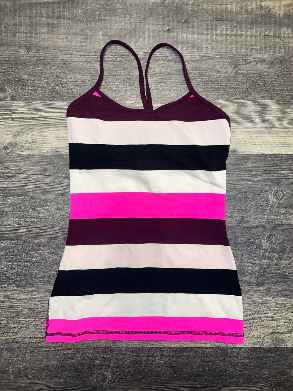 Lululemon Y Back Striped Tank Top Pink Black Burgundy Built In Bra
